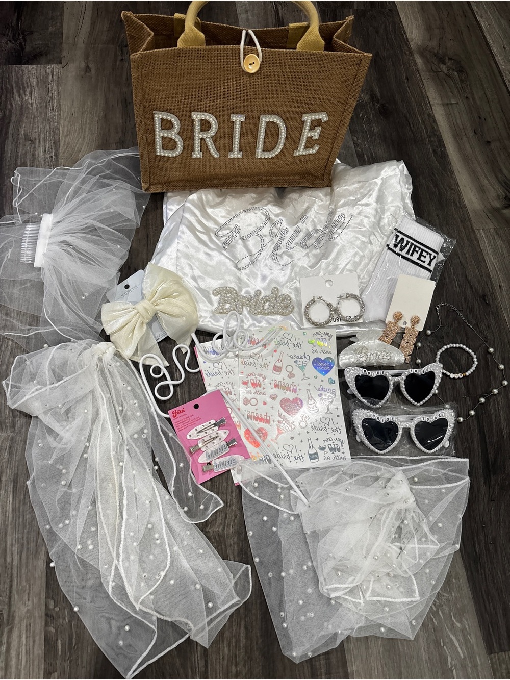 Bride Burlap Tote Gift Set with White Bridal Accessories
